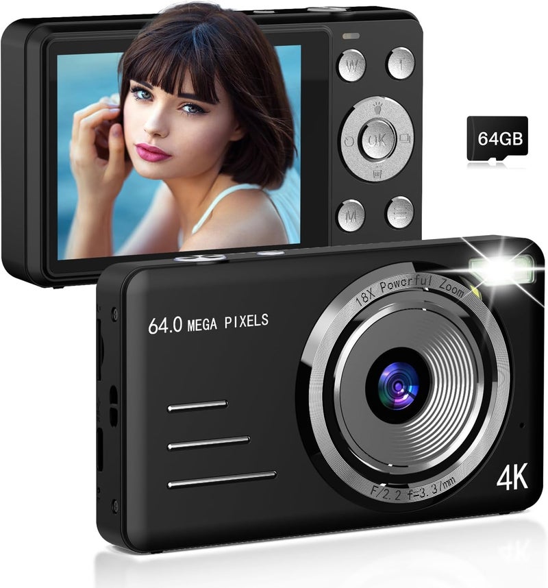 Forc Digital Camera, FHD 4K 64MP Point and Shoot Kids Digital Cameras with 64GB Card, 18X Zoom, Anti Shake, Compact Small Camera for Kids Gifts for Teens Girls Boys - Image 1